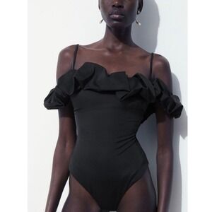 New COS Atelier Black The Ruffled One-Piece Swimsuit‎ Size 2